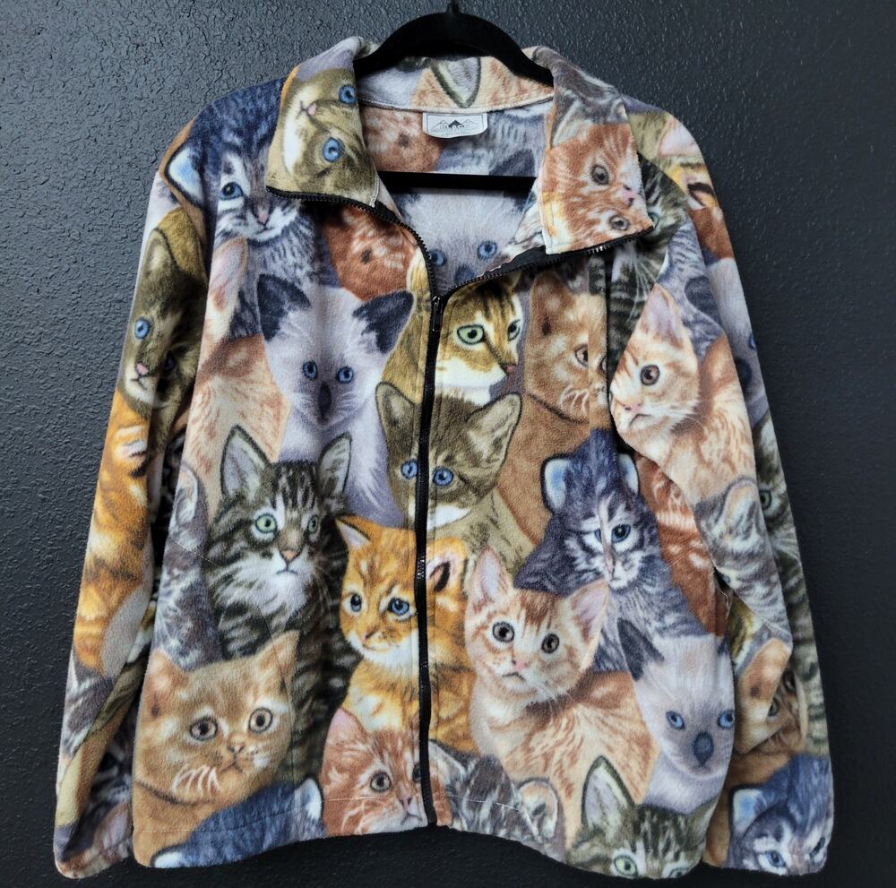 Black Mountain Kitten Cat Print Fleece Jacket Women's Large Full Zip Vintage 90s